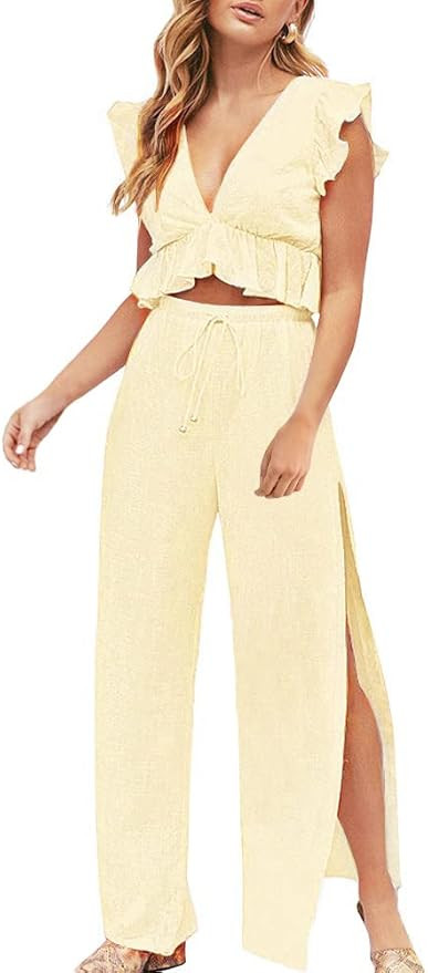 FANCYINN Womens 2 Pieces Outfits Deep V Neck Crop Top Side Slit Drawstring Wide Leg Pants Set Jum... | Amazon (US)