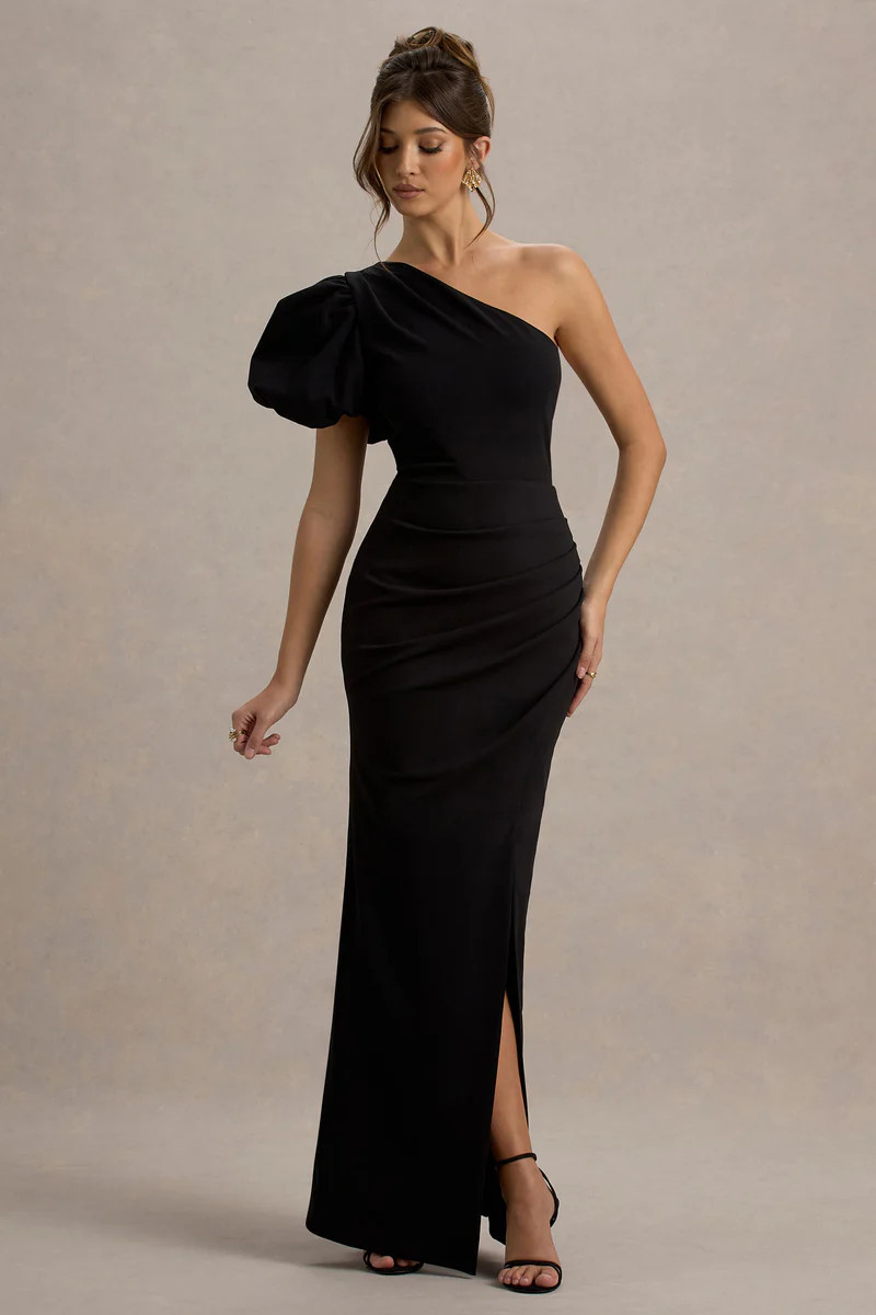 Vittoria | Black Asymmetric Puff-Sleeve Split Maxi Dress | Club L London
