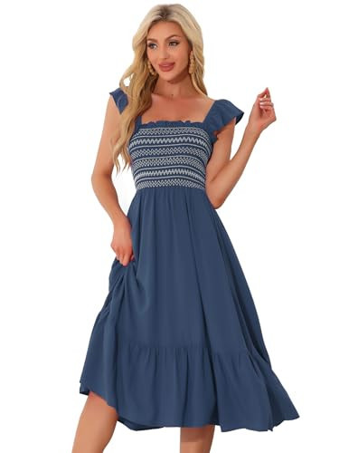 Allegra K Boho Midi Dress for Women's Square Neck Ruffle Tiered Flowy Smocked Sundress X-Large Dark Blue | Amazon (US)