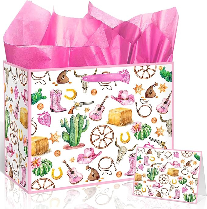 Large Cowgirl Birthday Gift Bag, Western Gift Bag for Girls Women Pink Happy Birthday Bags with T... | Amazon (US)