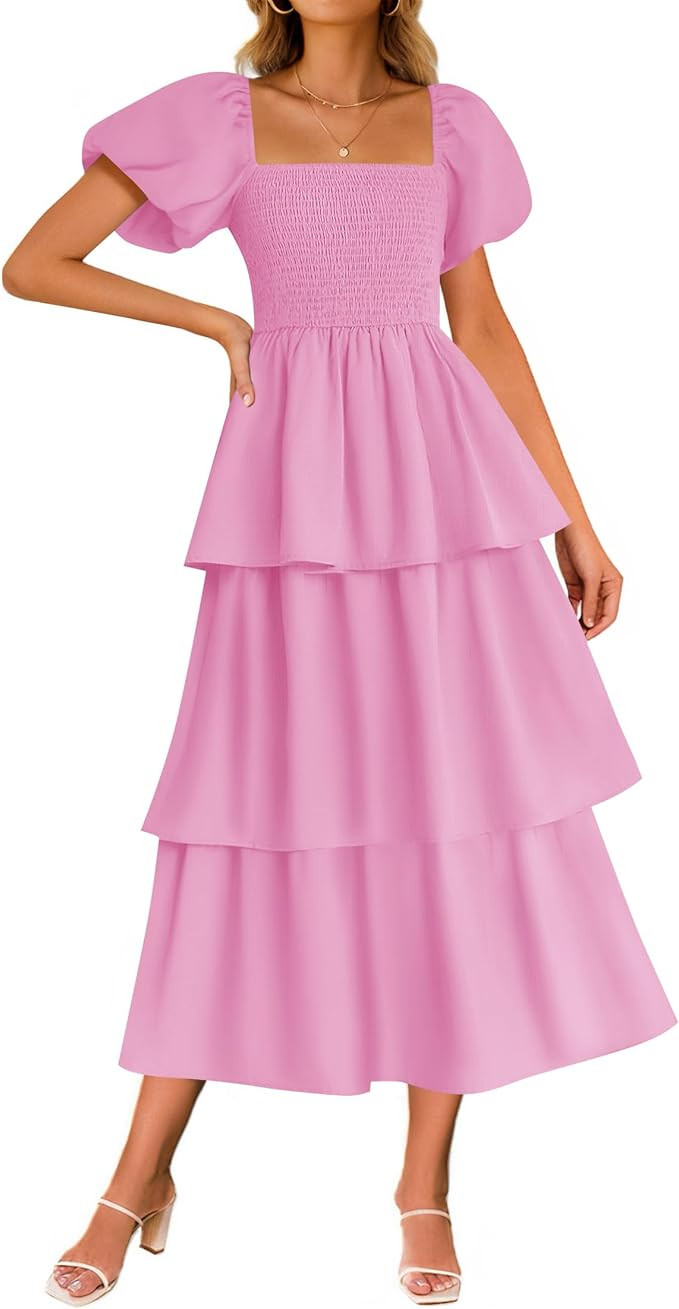 ZESICA Women's 2025 Summer Boho Midi Dress Short Puff Sleeve Flowy A Line Tiered Beach Vacation L... | Amazon (US)