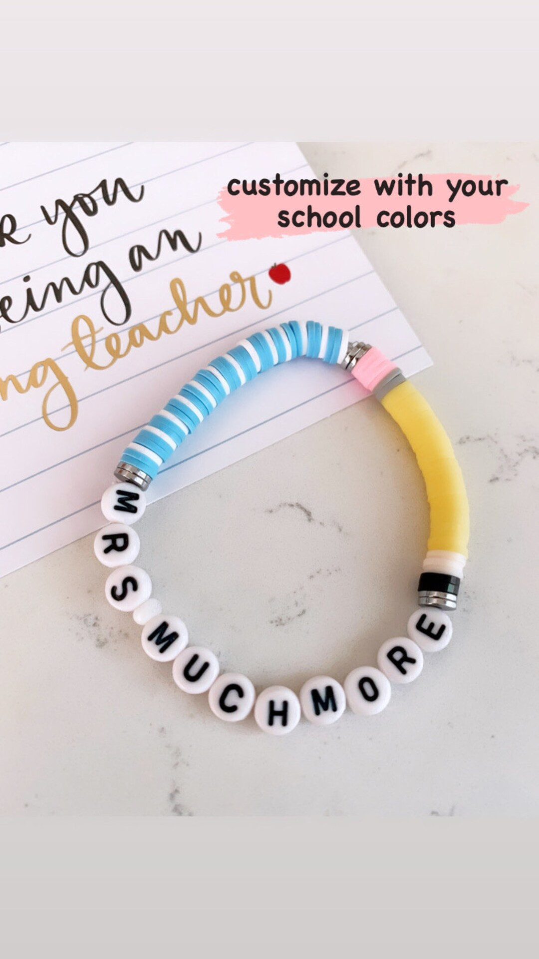 Teacher Gift! | Teacher PENCIL Bracelet With School Colors | Disc Personalized Beaded Name Bracel... | Etsy (US)