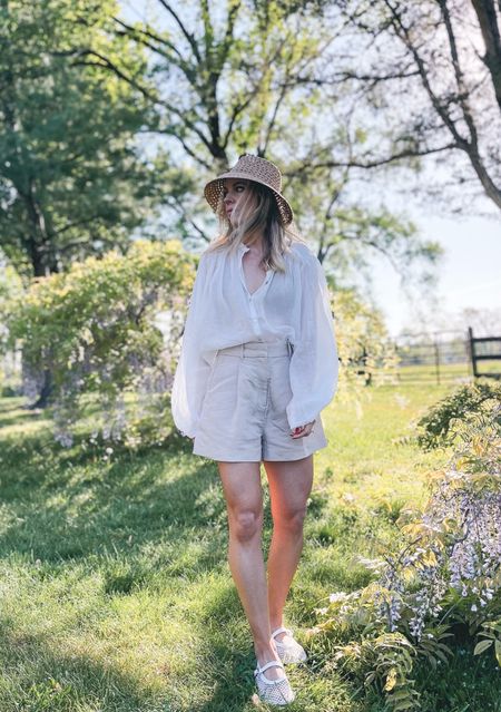Summer outfit with white blouse, linen shorts, straw bucket hat, mesh shoes, net ballet flats

#LTKFindsUnder50 #LTKShoeCrush #LTKFindsUnder100