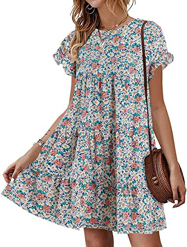 Chuanqi Womens Ruffles Boho Floral Printed Babydoll Loose Swing Casual Short Mini T-Shirt Dress Picture Color | Amazon (US)