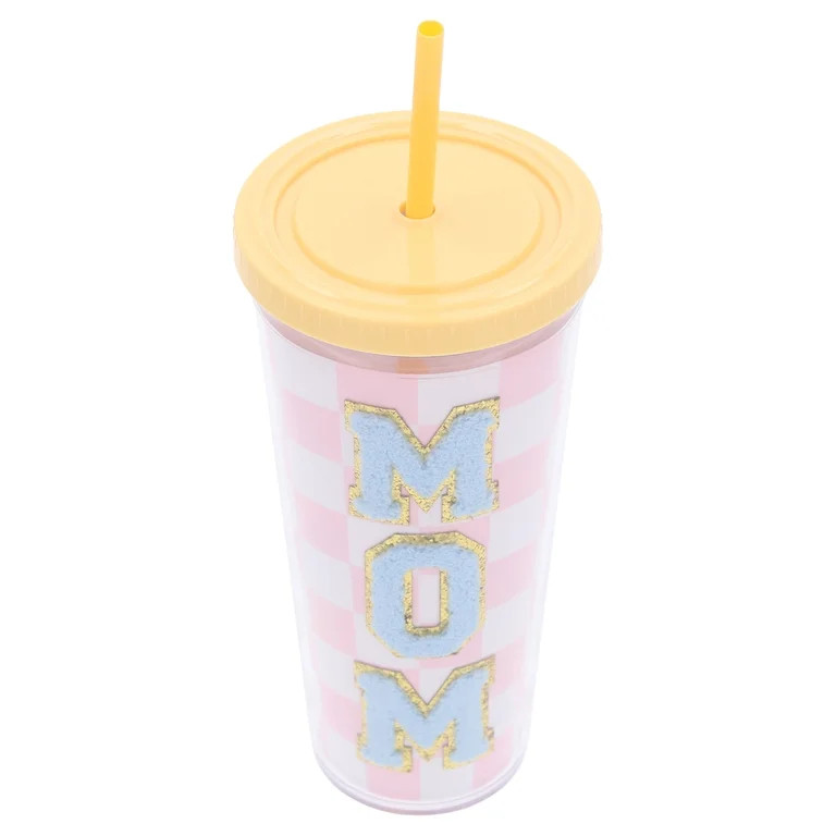 Checkered Mom Patch Tumbler with Straw, Pink, 24 oz, Mother's Day by Way To Celebrate | Walmart (US)