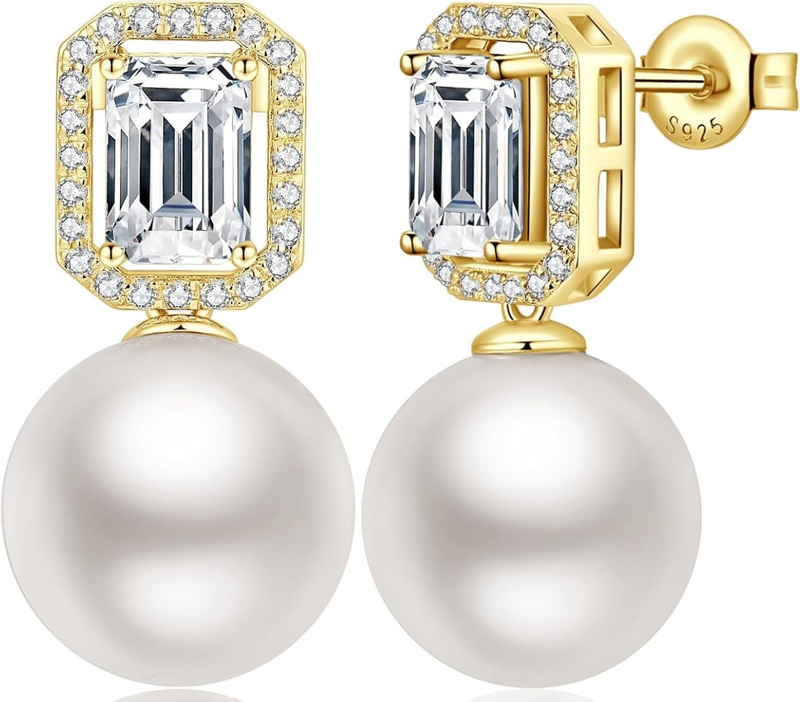 Jiamiaoi Large Pearl Earrings 925 Sterling Silver Pearl Earrings with Cubic Zirconia in White/Gra... | Amazon (US)