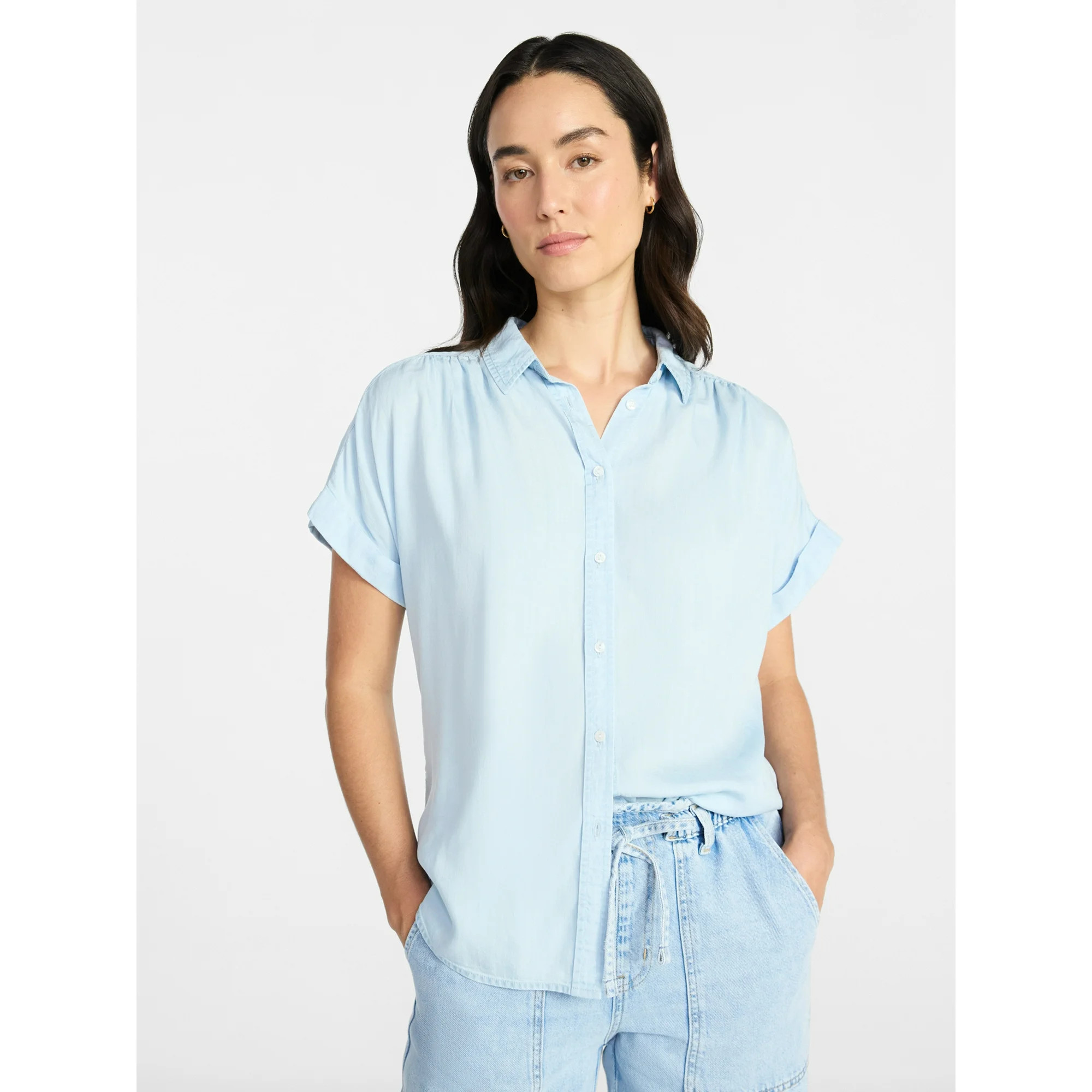 Time and Tru Women's Chambray Camp Shirt with Short Sleeves, Sizes XS-XXXL | Walmart (US)