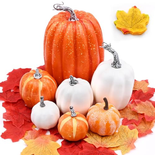 Topeedy Orange and White Artificial Pumpkins Autumn Decoration Set，7Pcs Pumpkins And 50Pcs Fake Maple Leaves For Halloween Thanksgiving Party Decorations | Amazon (UK)