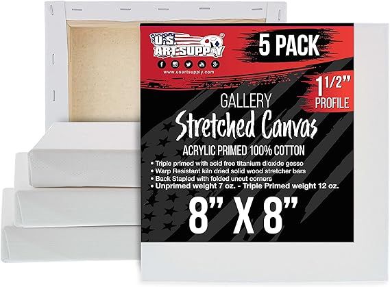 U.S. Art Supply 8 x 8 inch Gallery Depth 1-1/2" Profile Stretched Canvas, 5-Pack - 12-Ounce Acryl... | Amazon (US)