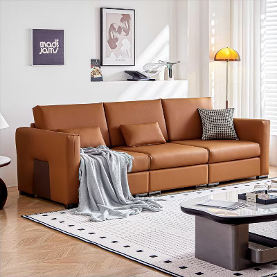 ATJafurn 108.7" Orange Leather Sofa with Wide Square Arms, Mid Century Modern 4 Seater Upholstered Couch with Metal Legs 3 Pillows, For Living Room | Target