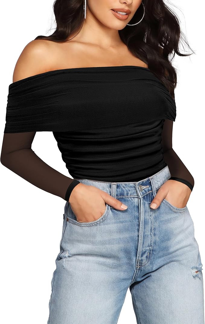 SAUNGKUAI Women's Off The Shoulder Long Sleeve Bodysuit Sexy Slimming Body Suit Tops Sheer Mesh R... | Amazon (US)