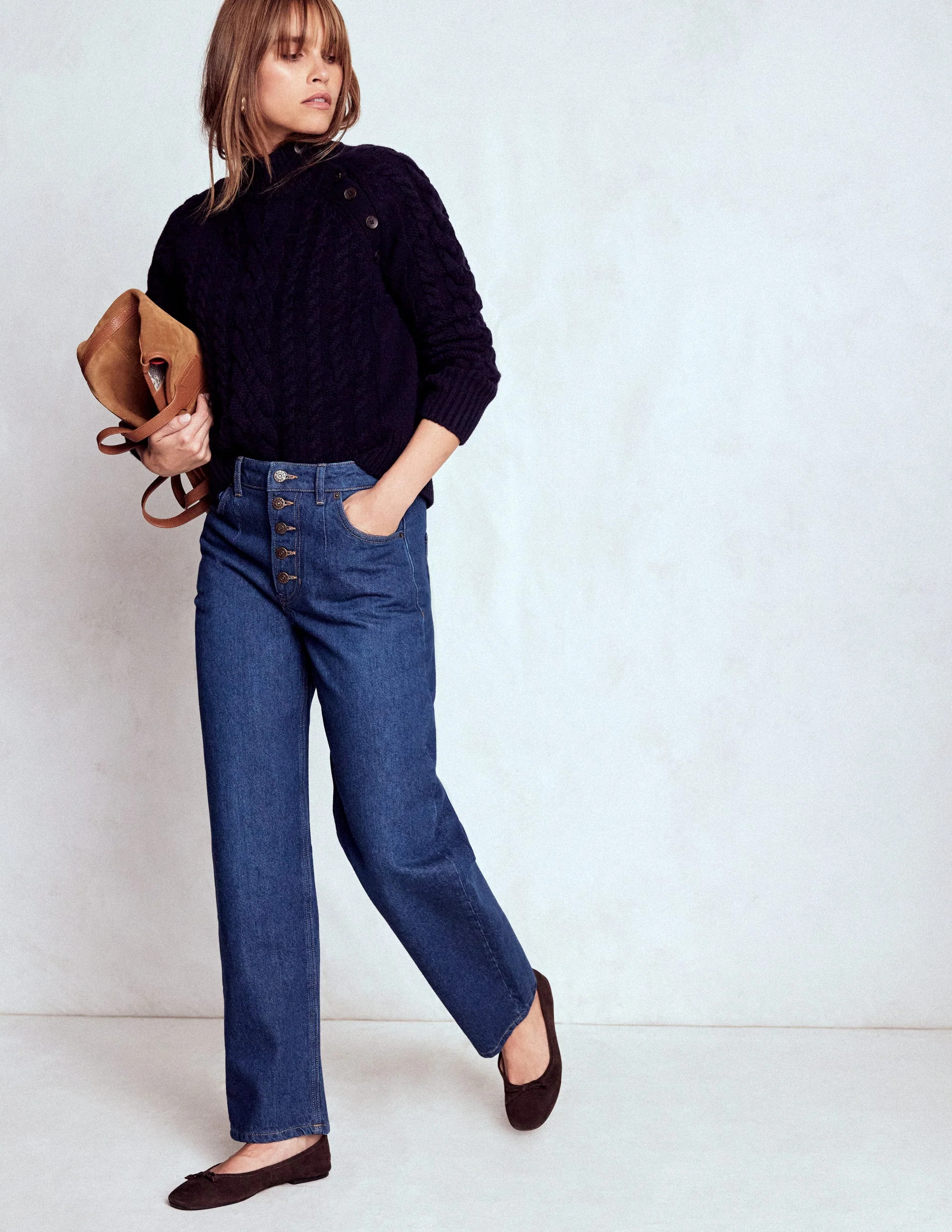 Exposed Button Straight Jeans-Indigo | Boden (US)