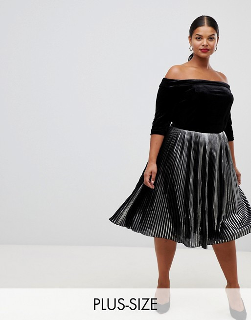 Lovedrobe velvet bardot dress with metallic pleated skirt | ASOS US