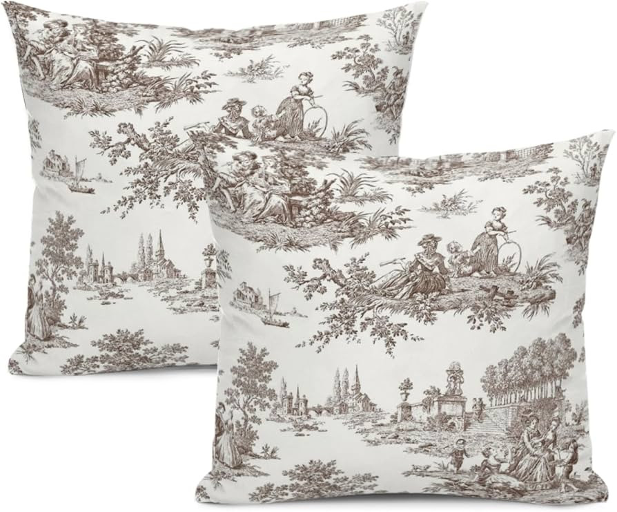 Amazon.com: French Country Pillow Covers Brown Toile Pillows Cases Vintage Cottage Throw Pillow C... | Amazon (US)