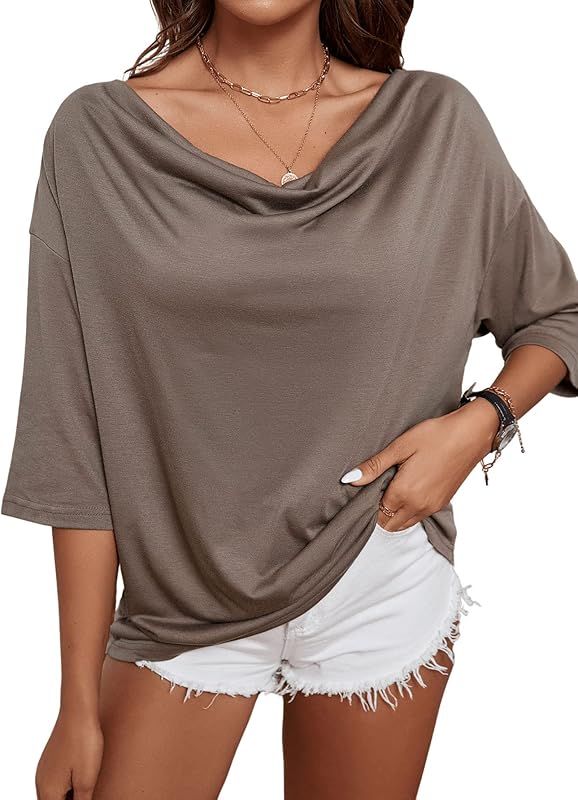 SweatyRocks Women's Short Sleeve Drop Shoulder Cowl Neck Solid Oversized Tee Shirts | Amazon (US)