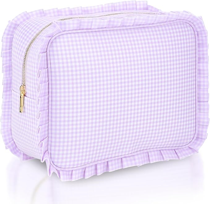 Purple Gingham Ruffle Makeup Bag 10 x 8 x 4.5 Inches Large Ruffle Pouch Travel Cute Checkered Cos... | Amazon (US)