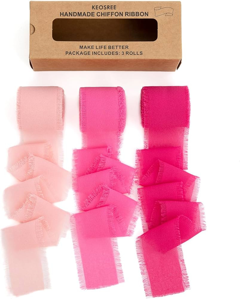 Hot Pink Pastel Pink Handmade Chiffon Ribbon,1.5" x 21Yd Frayed Silk Ribbons for Wreaths Bridal F... | Amazon (US)