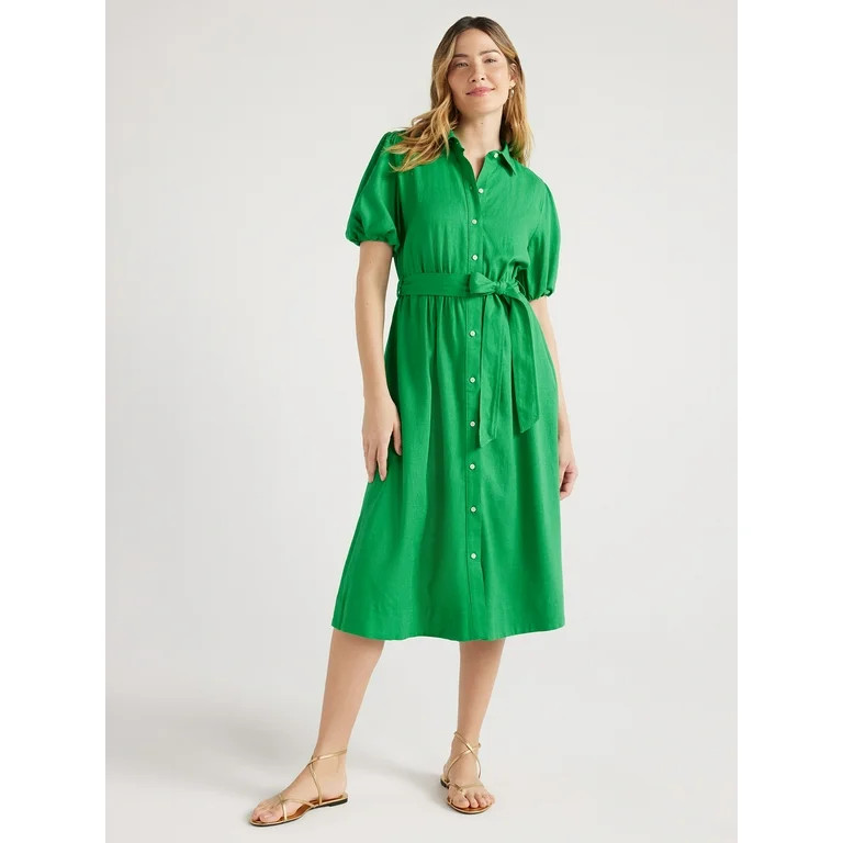 Free Assembly Women’s Midi Shirtdress with Puff Sleeves, Sizes XS-XXL | Walmart (US)