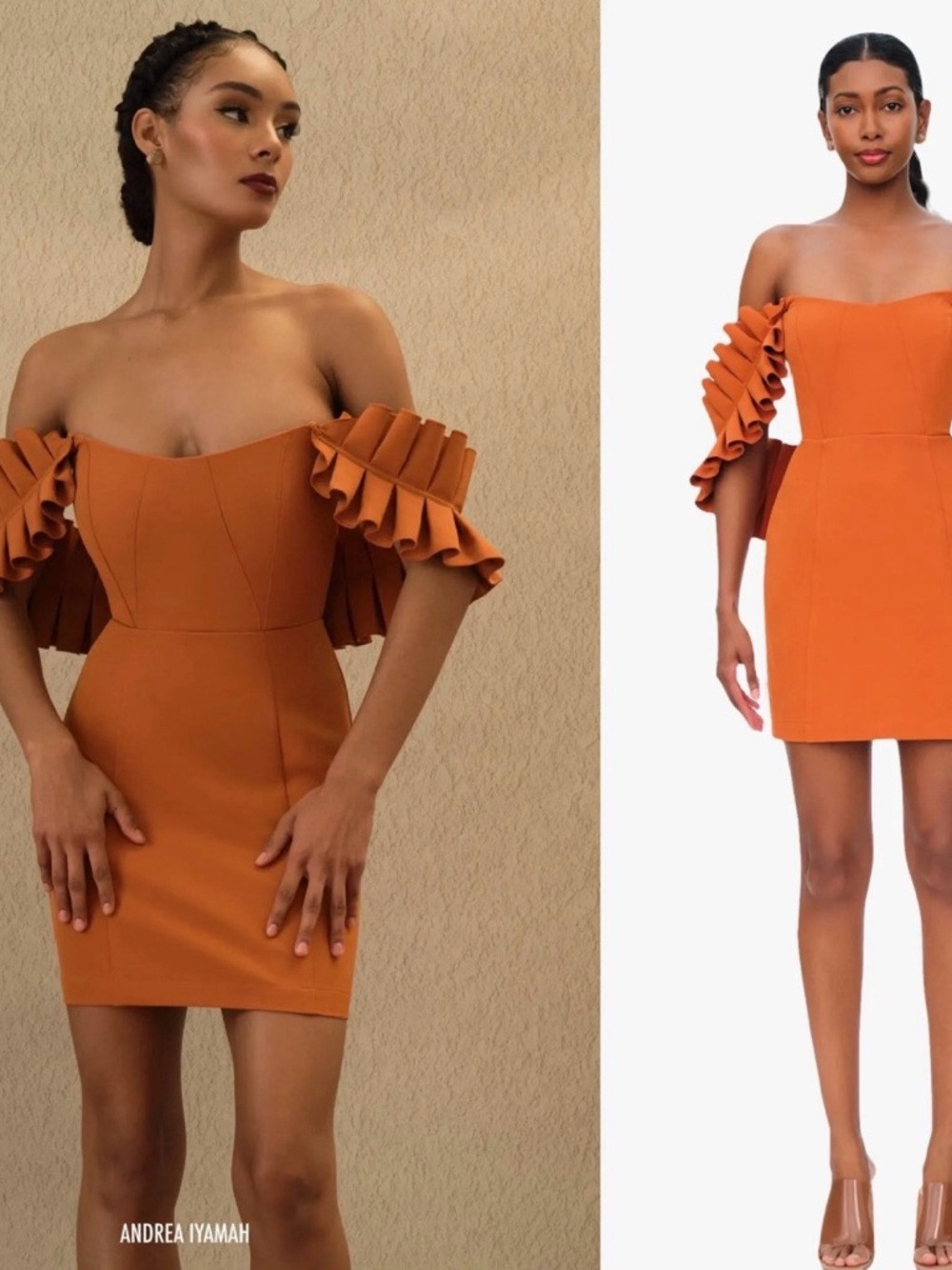 Andrea Iyamah Orange Off-Shoulder Ruffle Sleeve Mini Dress | Poshmark