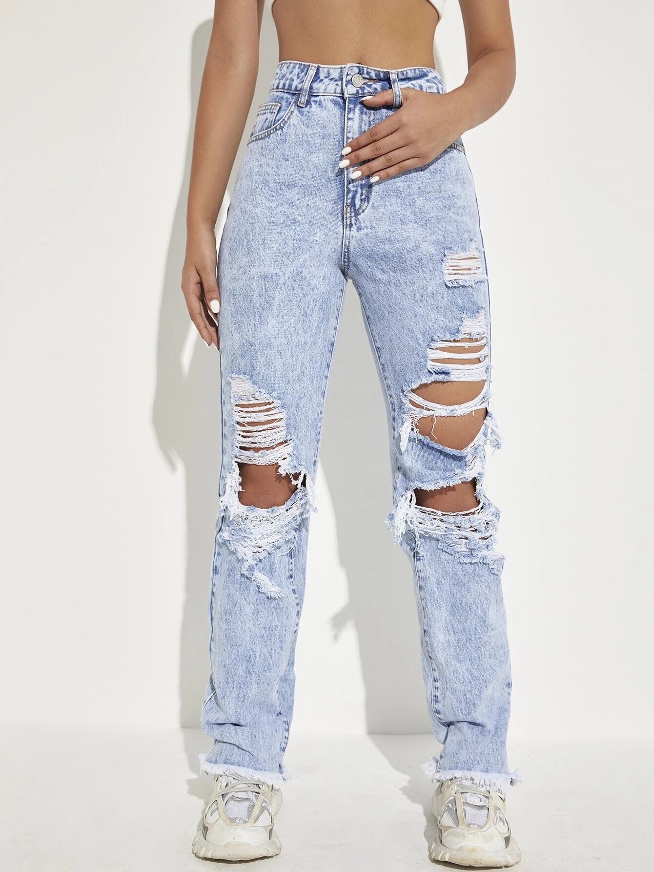 Ladder Distressed Raw Trim Jeans | SHEIN