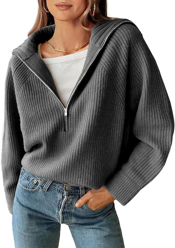 BTFBM Women’s Casual Long Sleeve Half Zip Pullover Sweaters Solid V Neck Collar Ribbed Knitted ... | Amazon (US)