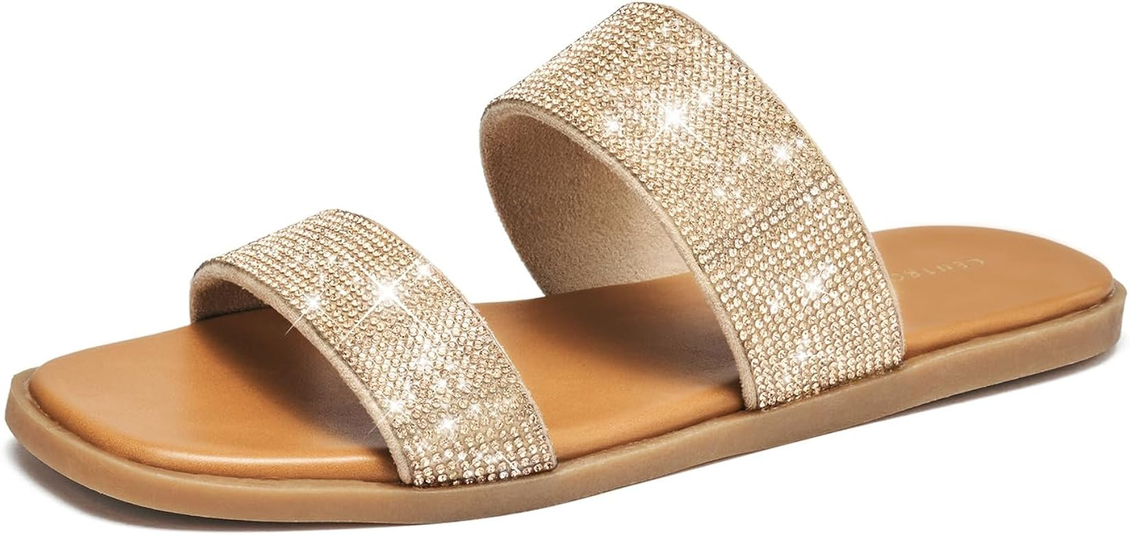 CentroPoint Women's Bling Rhinestone Two Band Flat Sandals Open Toe Slip On Summer Slides | Amazon (US)
