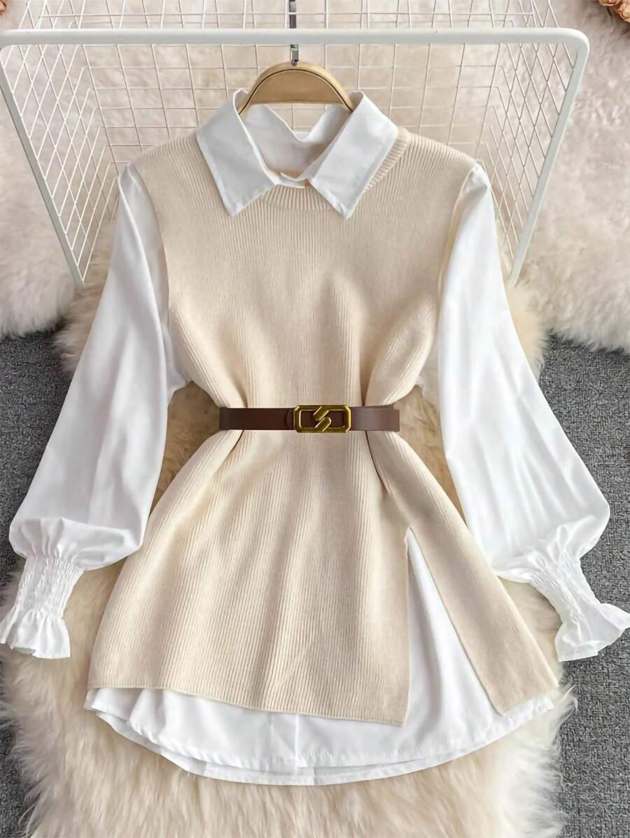 SHEIN LUNE 2pcs/Set Spring Lantern Sleeve White Blouse & Loose Fitting Open Front Cardigan For Wo... | SHEIN