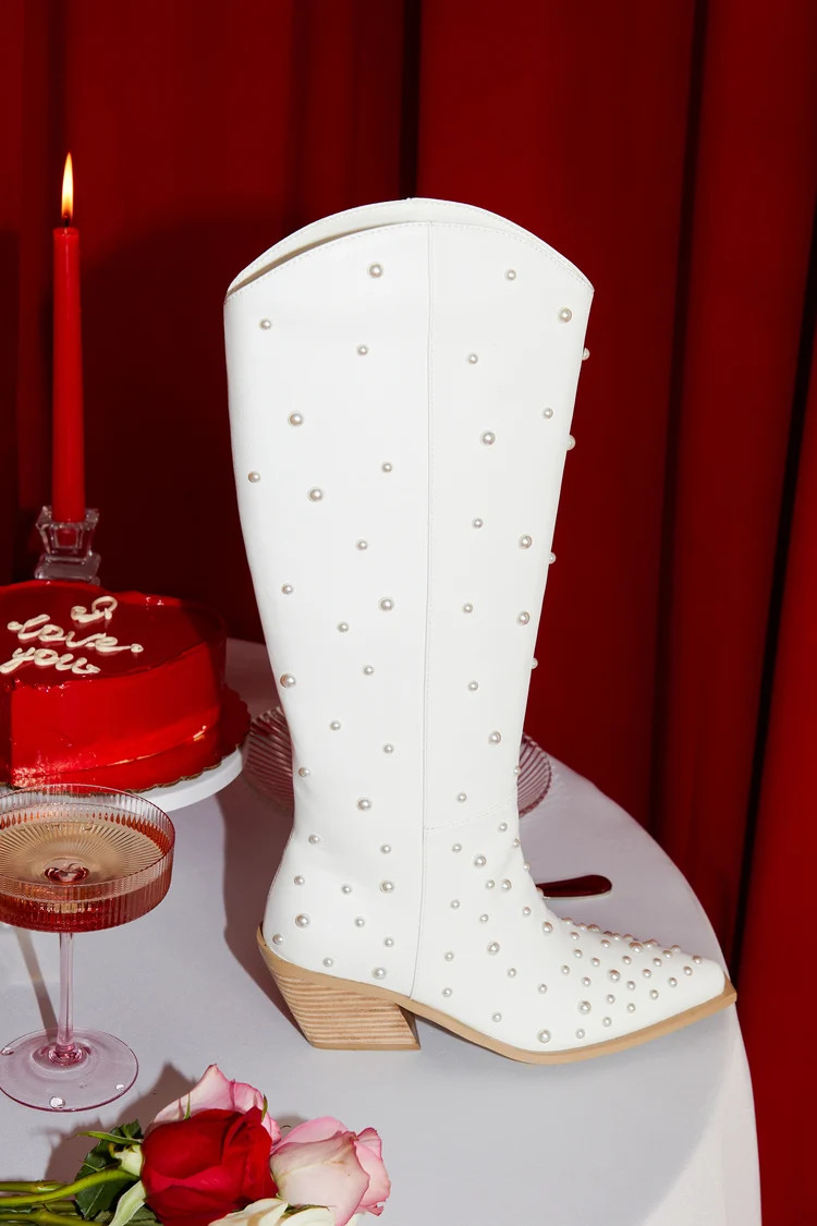 Edison White Pearl Pointed-Toe Knee-High Western Boots | Lulus