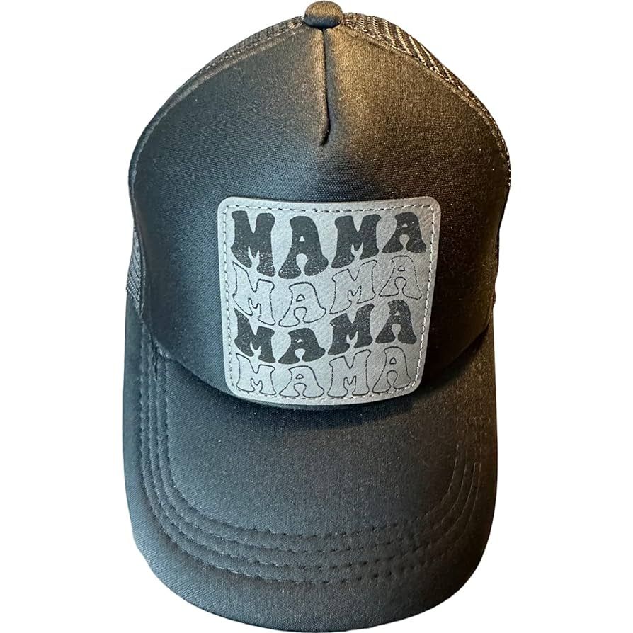 Mama Stacked Retro Font Faux Leather Engraved Patch on a Vintage Style Foam Trucker Hat (Black) | Amazon (US)