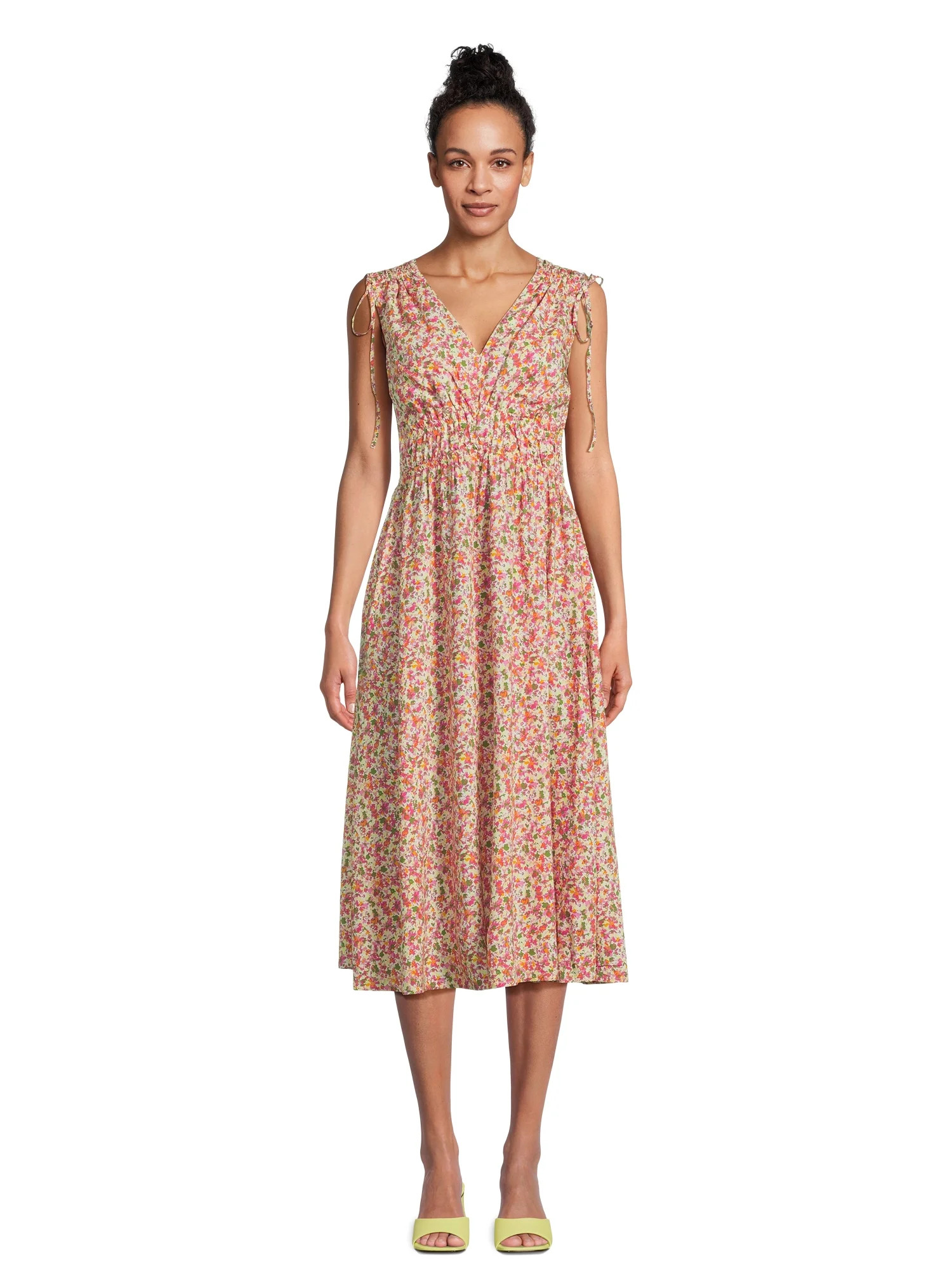 Time and Tru Women's V Neck Smocked Midi Dress, Sizes XS-XXL | Walmart (US)