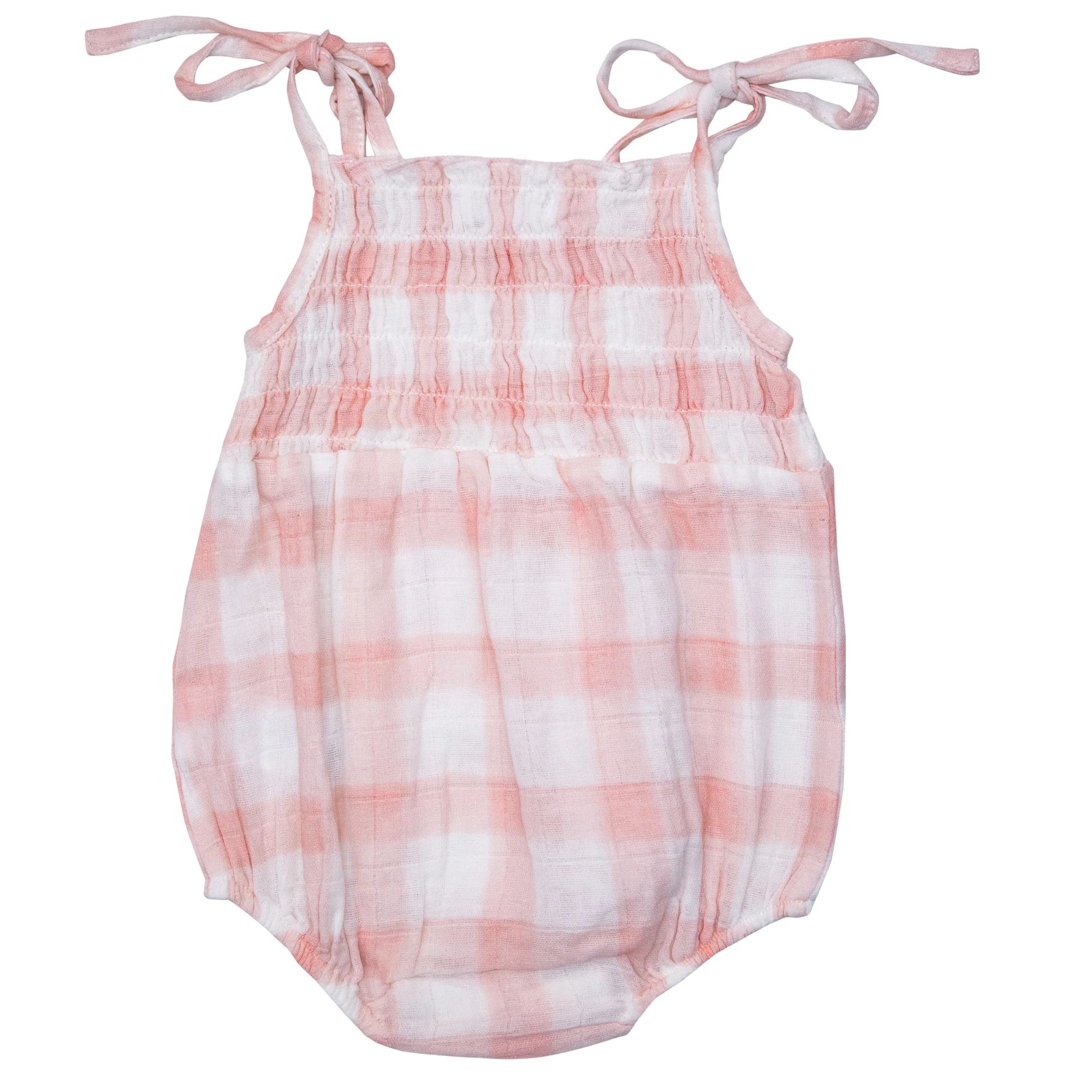 Tie Strap Smocked Bubble Sunsuit, Painted Gingham Pink | SpearmintLOVE