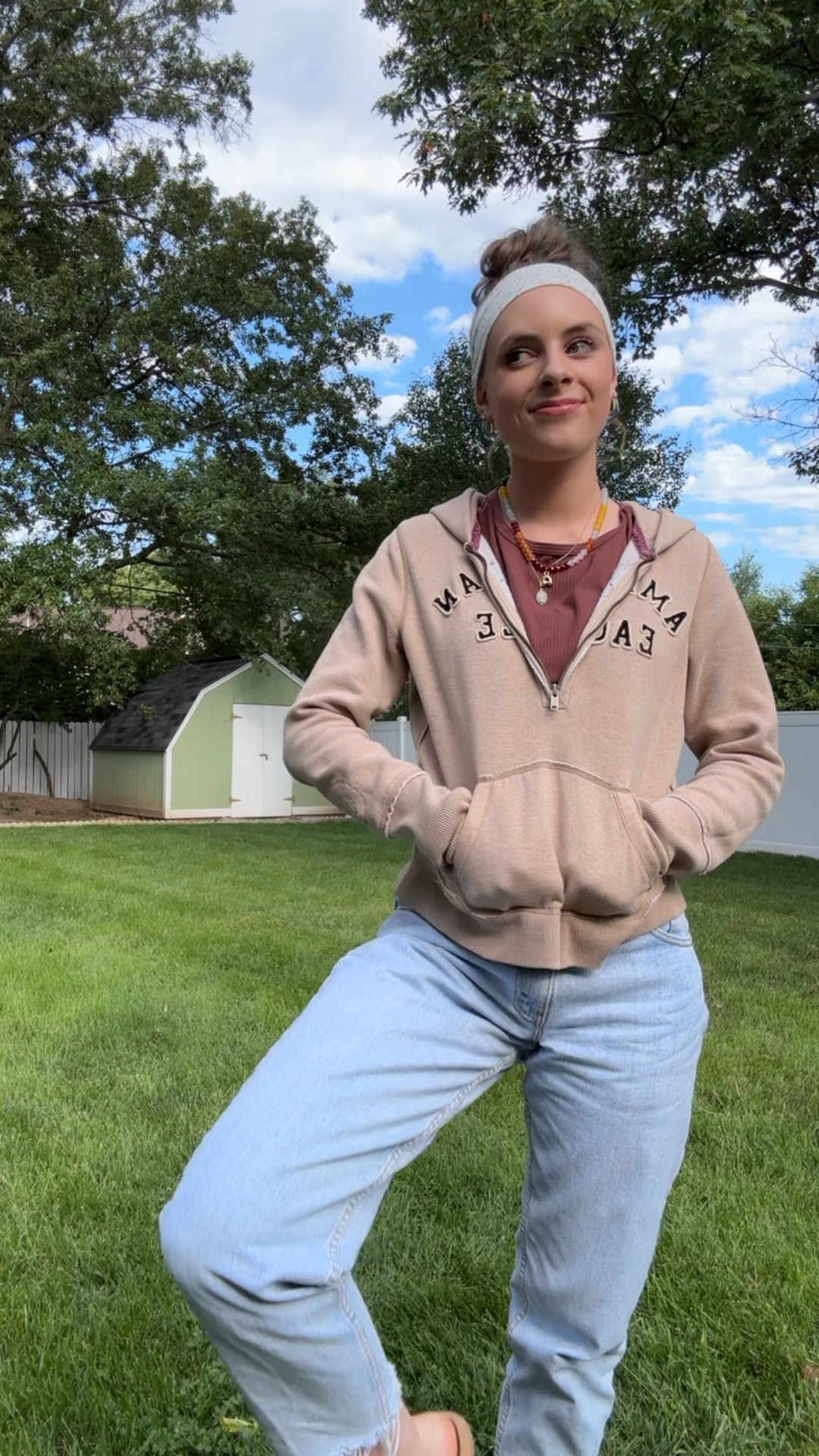 8/6/25 ootd!

T-shirt: American Eagle
Sweatshirt: American Eagle (thrifted)
Jeans: Levi (thrifted)
Sandals: Reef
Jewelry: Amazon

Half zip quarter zip lightweight sweatshirt hoodie style, oatmeal tan cream off white neutral hoodie thrifted American Eagle vintage early 2010s style look, high rise mom jeans vintage Levi thrifted secondhand style, tall girl friendly denim, tall girl fashion style, stretchy headband hairstyle, delaney childs bun hairstyle tutorial, striped floral headband cute hairstyles for long hair, flat comfy casual easy everyday sandals for mom style on the go, tan leather flat slip on sandals, yellow nail inspiration chunky jewelry affordable Amazon style, unique hoop earrings blue, colorful beaded initial necklace, gemstone cross necklace gold

#LTKSeasonal #LTKSaleAlert #LTKFindsUnder50