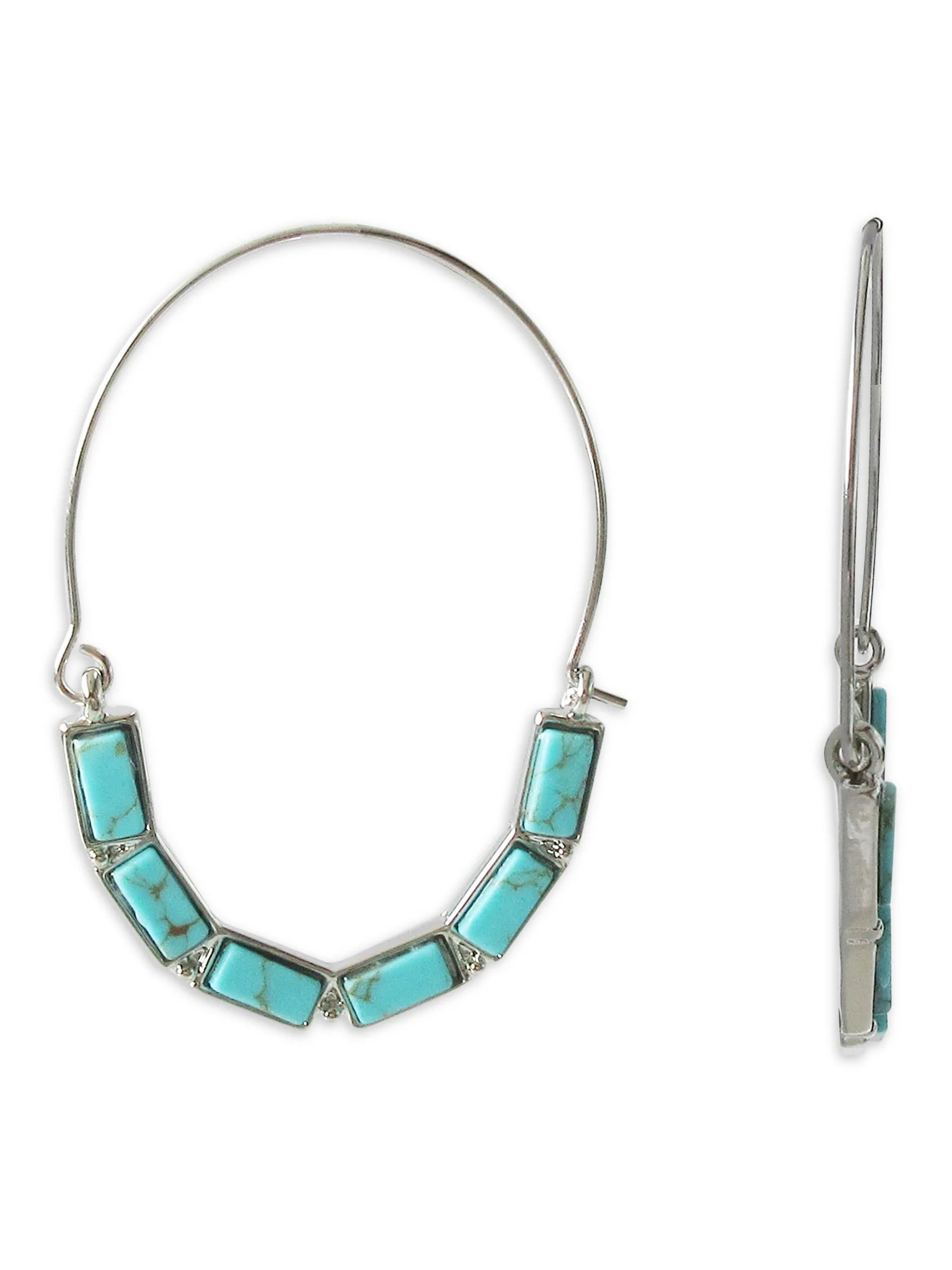 Time and Tru Women's Silver Tone Faux Turquoise Baguette Hoop Earrings | Walmart (US)