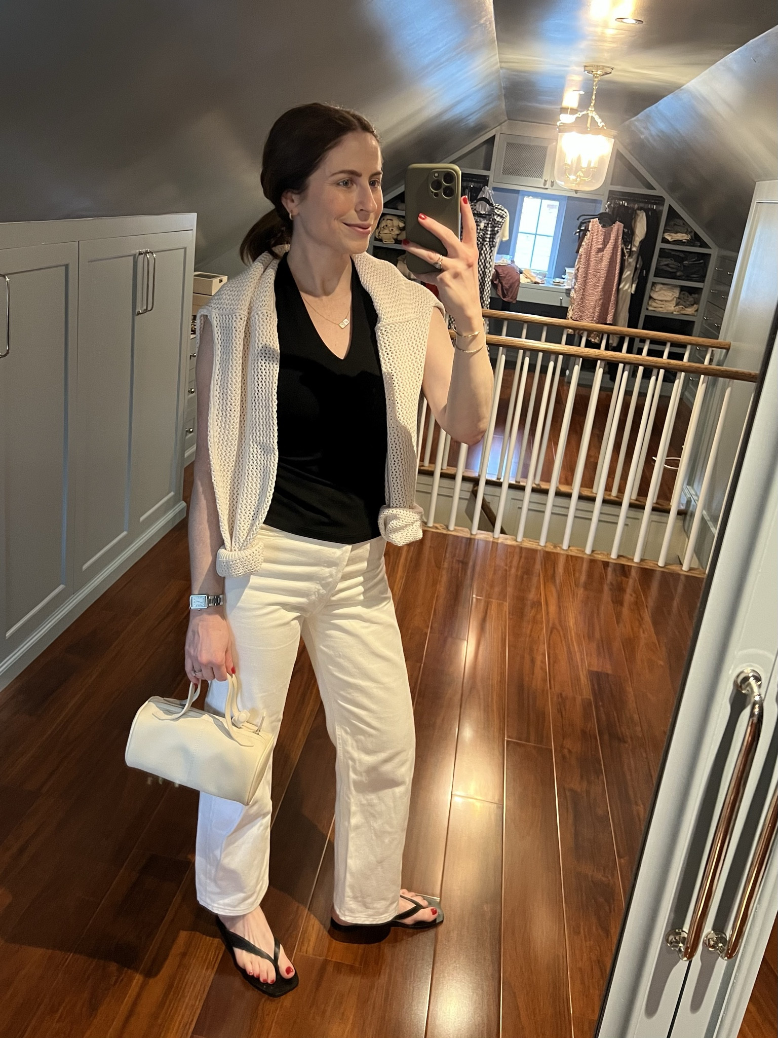 White jeans outfit with black top 