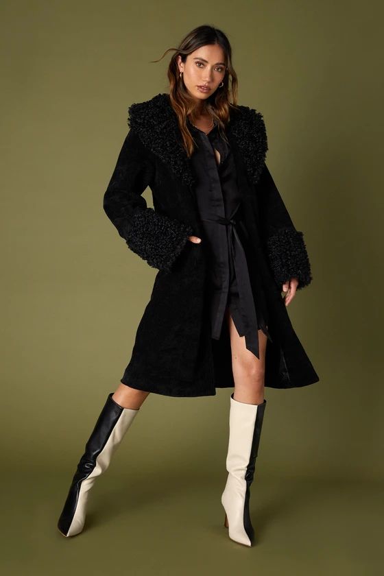 Snowy Season Black Corduroy Faux Fur Trim Coat | Lulus (US)