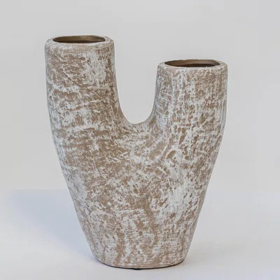 Beige With Washed White Finish And Two Openings Vase | Wayfair North America