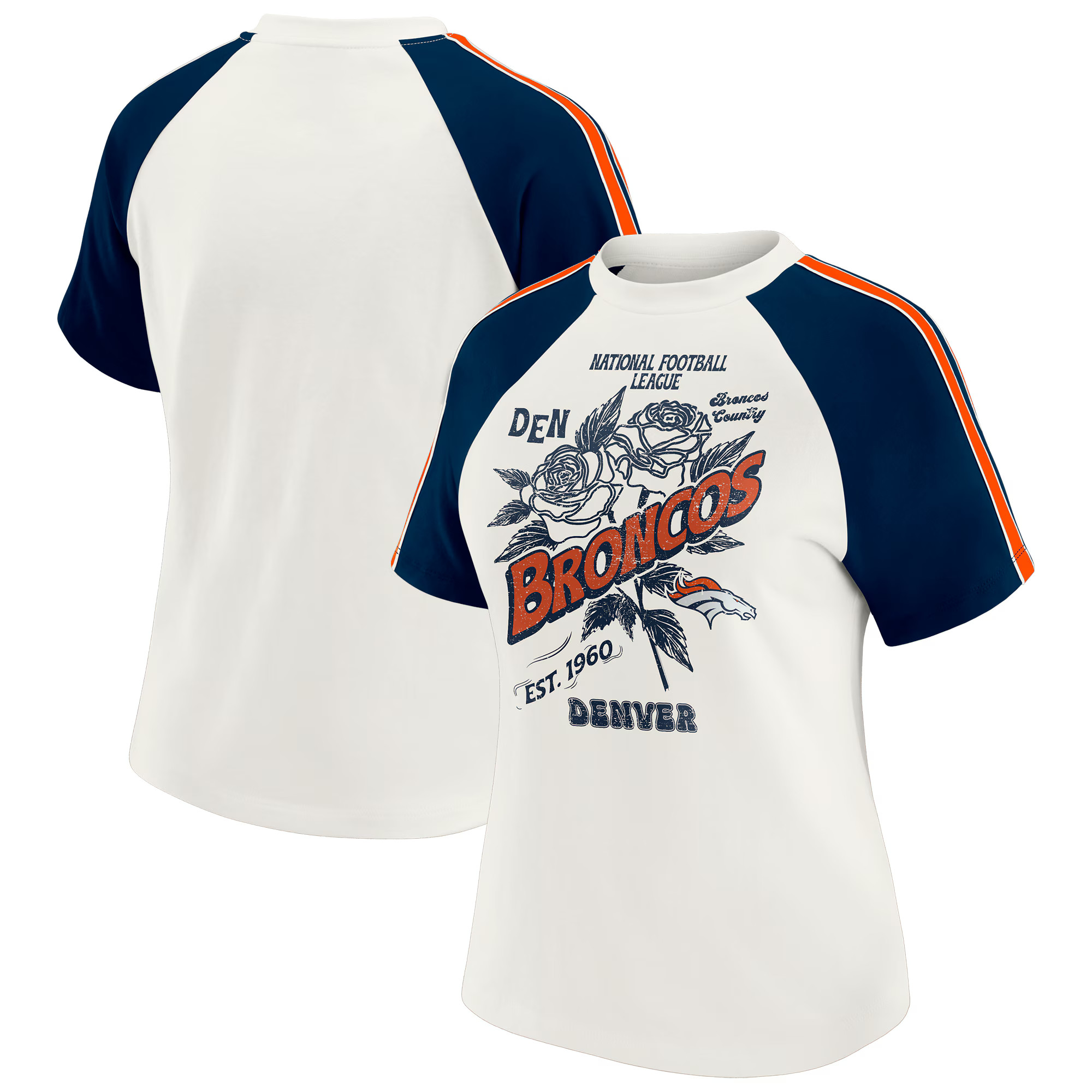 Women's Denver Broncos WEAR by Erin Andrews White Sleeve Stripe Distressed Raglan T-Shirt | NFL Shop