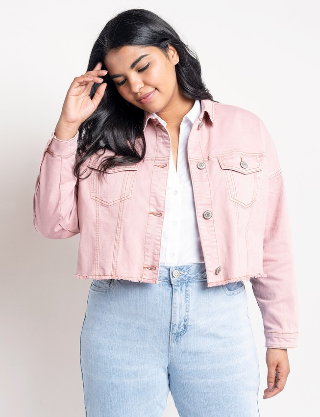 Pink Boyfriend Crop Denim Jacket - Pink | Eloquii