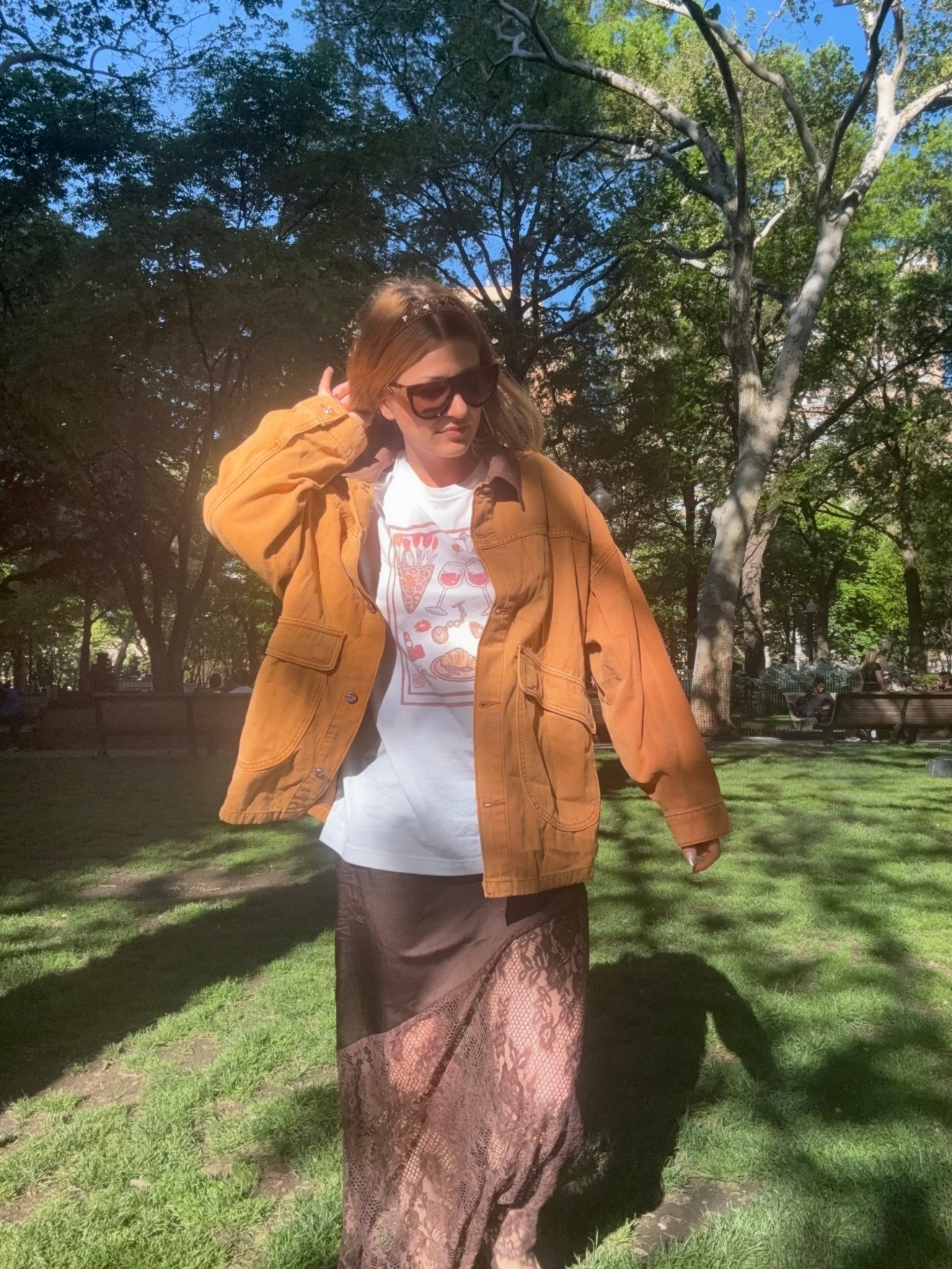 Monochrome chocolate brown outfit. Slip sayin and lace skirt, graphic t-shirt and trucker jacket. Size up one in shirt, jacket oversized could size down. Bump friendly 

#LTKmomlife #LTKBump #LTKootd