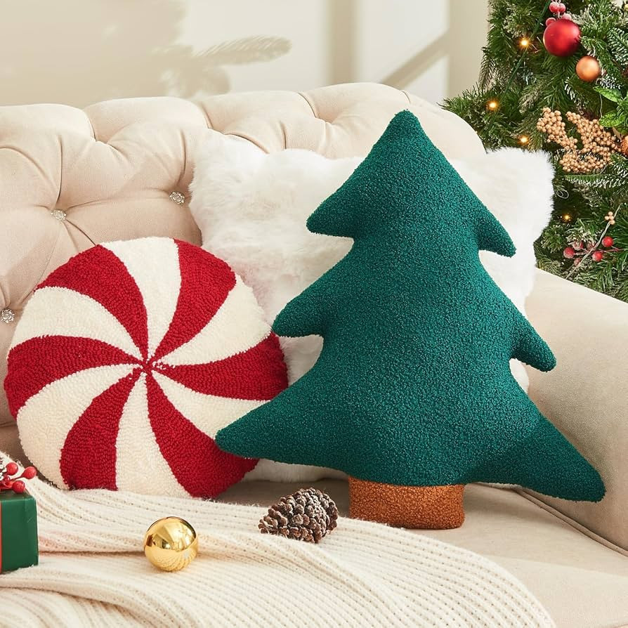 Christmas Pillows. 2 Pcs Christmas Tree Throw Pillows Round Candy Pillow Xmas Plush Decorations P... | Amazon (US)