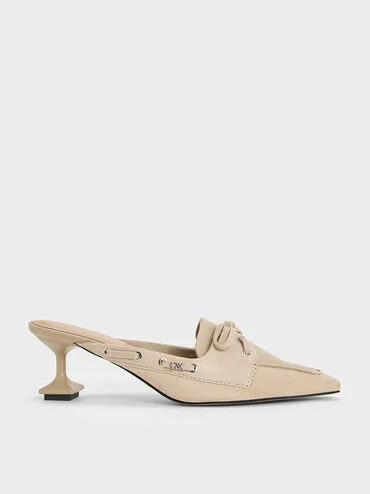 Beige Kori Suede Lace-Up Sculptural-Heel Mules | CHARLES & KEITH UK | Charles & Keith UK