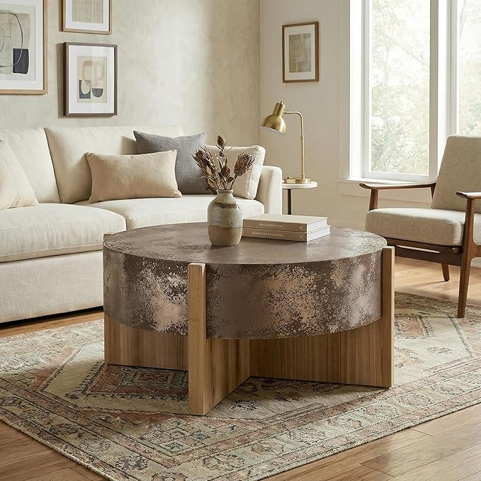 Rustic Coffee Table with Distressed Rust Finish, Round Coffee Table with Burnt Wood Legs, Easy As... | Amazon (US)