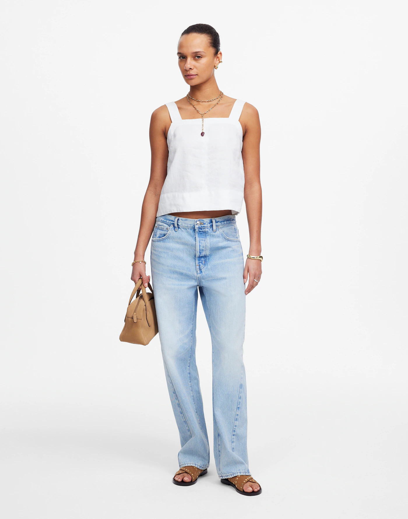 Contrast-Stitch Squareneck Top in 100% Linen | Madewell
