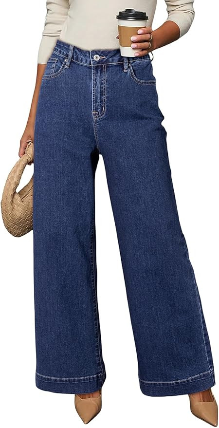 DOKOTOO Women's Casual High Waisted Jeans Stretch Button Wide Leg Loose Denim Pants with Pockets | Amazon (US)