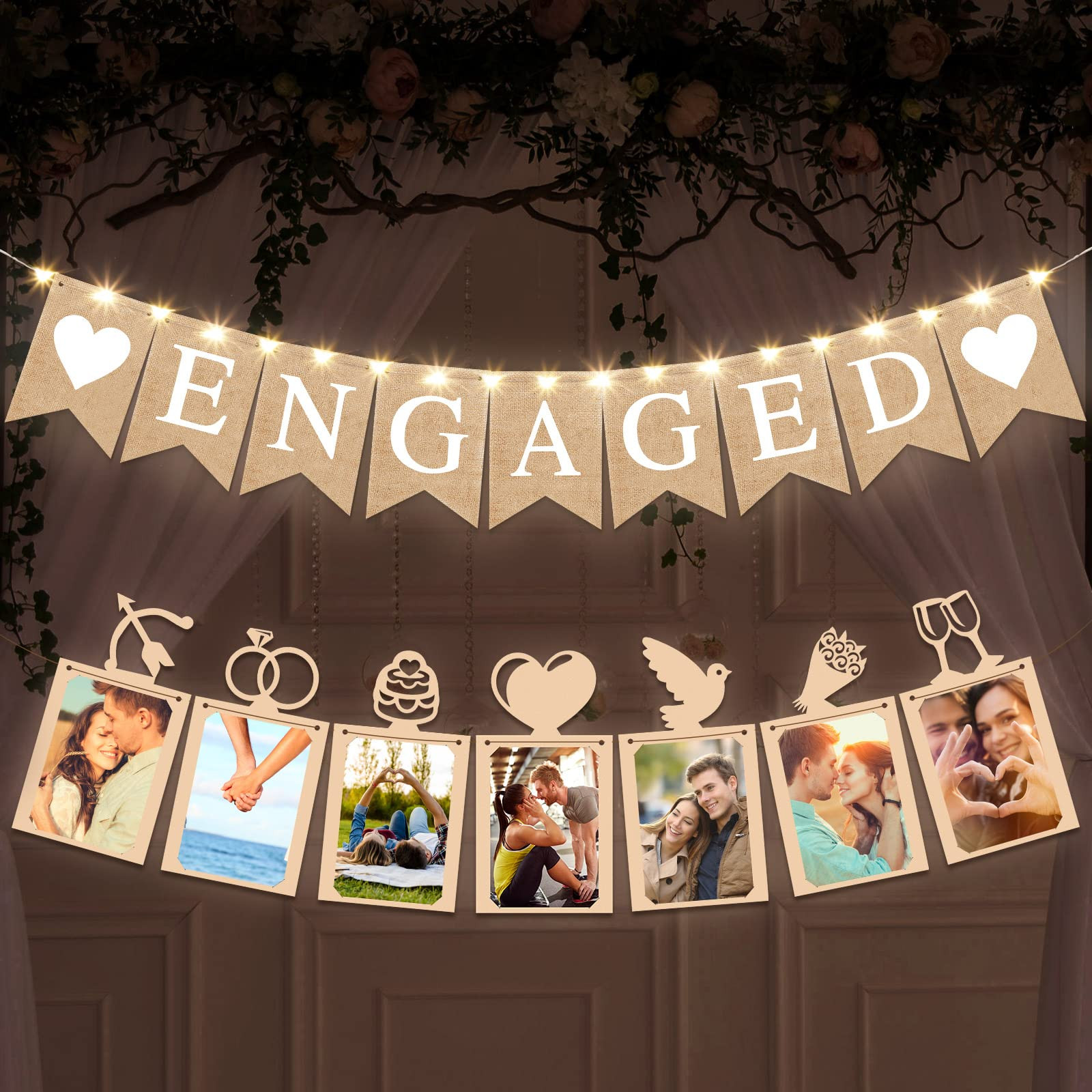 2 Pieces Engaged Banner and Photo Banner Romantic Engagement Wedding Decorations Engagement Party... | Amazon (US)