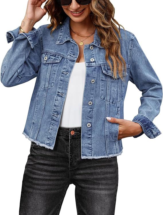 luvamia Denim Jacket for Women Distressed Jean Jackets Button Up Vintage Western Trucker Jacket F... | Amazon (US)