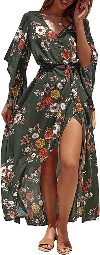 Miessial Women's Boho V Neck Floral Chiffon Dress Backless Beach Split Maxi Dress with Belt | Amazon (US)