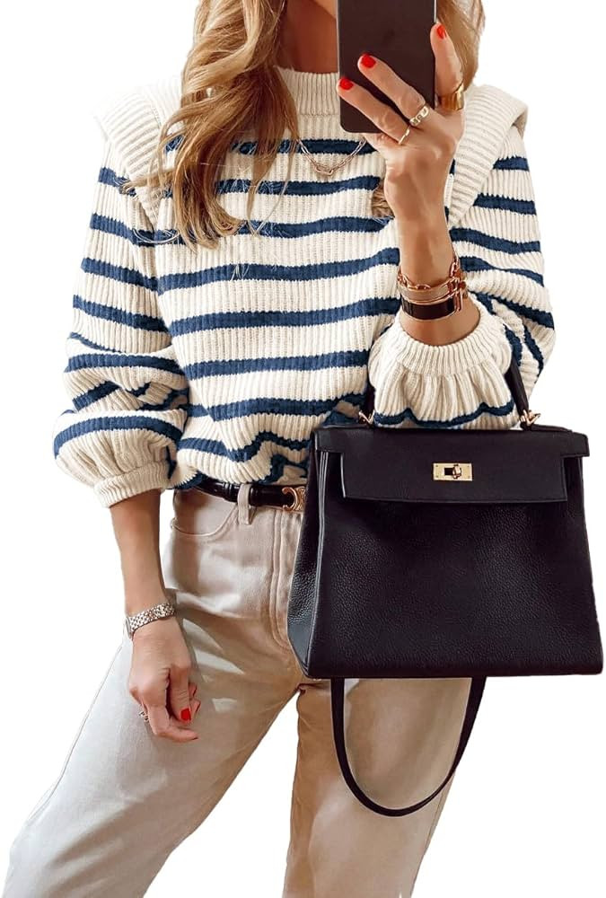 PRETTYGARDEN Women's Sweaters Casual Winter Long Lantern Sleeve Crewneck Ribbed Knit Pullover Stripe | Amazon (US)