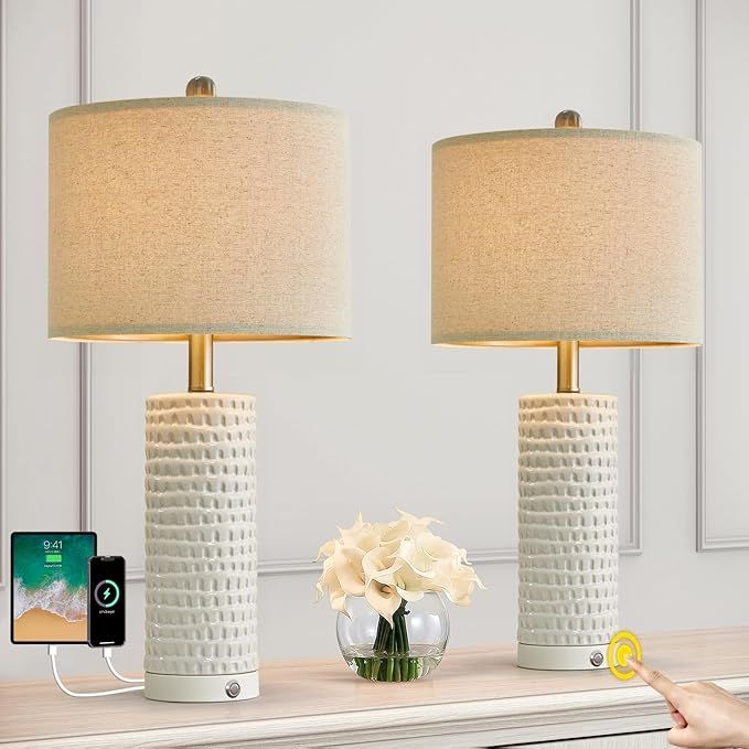 PORTRES 24" Farmhouse 3-Way Dimmable Touch Ceramic Table Lamp Set of 2 for Bedroom White Bedside... | Amazon (US)