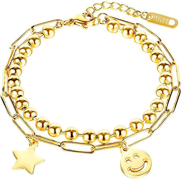 JOJOPANDA Layered Chain Bracelet for Women 14K Gold Plated Link Bracelet with Dangling Charm of S... | Amazon (US)